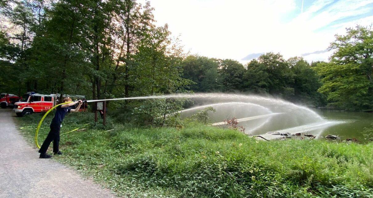 Feuerwehr Aschaffenburg spritzt Frischwasser in den Fasaneriesee