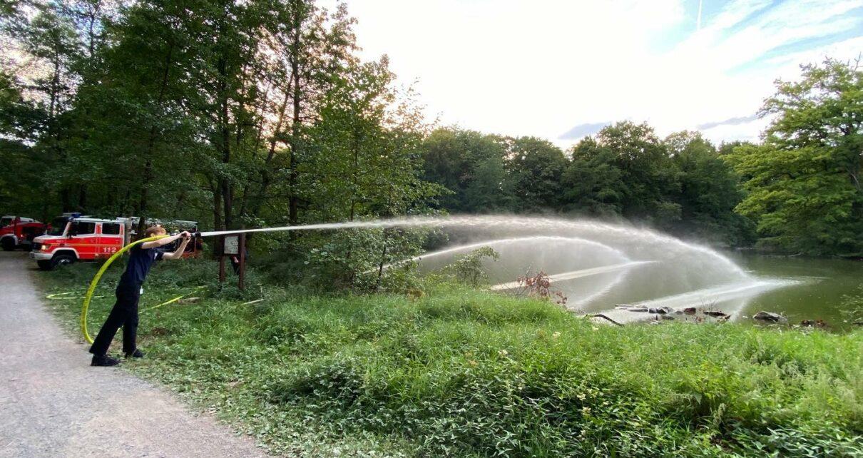 Feuerwehr Aschaffenburg spritzt Frischwasser in den Fasaneriesee