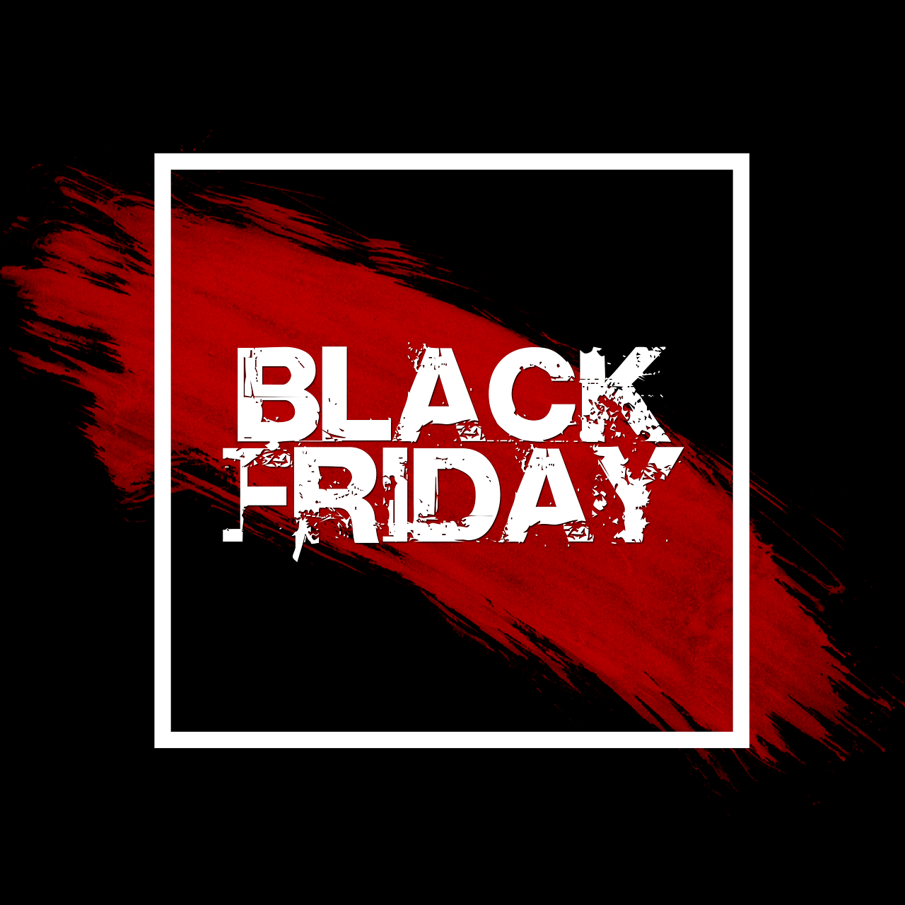 "Back Friday" Schriftzug in Weiß mit weißem Rahmen. Dahinter ein Querbalken in Form eines breiten Pinselstrichs auf schwarzem Hintergrund