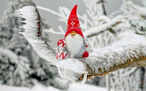 Ein kleiner Weihnachtsmann sitzt auf einem zugeschneiten Zweig