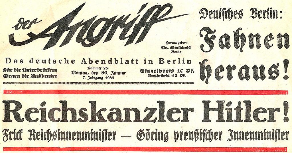 Pressemitteilung des Berliner Abendblatts "Der Angriff" vom 30. Januar 1933 zur Machtergreifung Adolf Hitlers