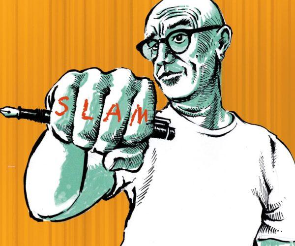 Mann mit Brille, in der Faust einen Füller. Auf den 4 Firnger der Faust steht SLAM. Ein Buchstabe auf jedem Finger.