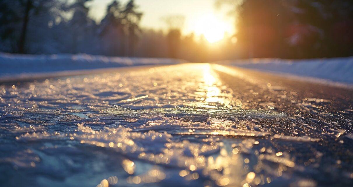 Eis auf der Straße im Licht der untergehenden Sonne