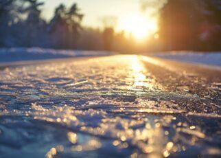 Eis auf der Straße im Licht der untergehenden Sonne