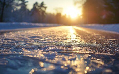 Eis auf der Straße im Licht der untergehenden Sonne