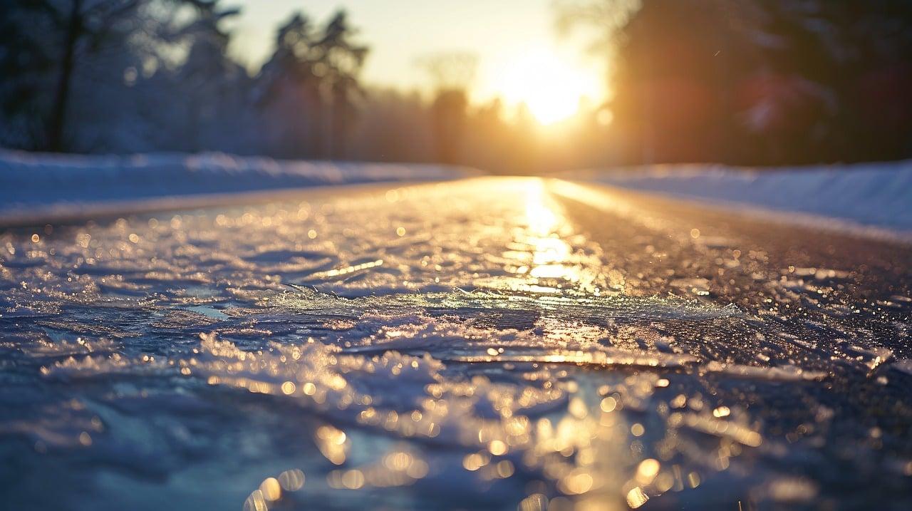 Eis auf der Straße im Licht der untergehenden Sonne
