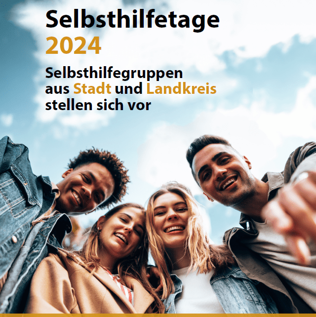 Mehrere Personen auf einem Flyer mit der Überschrift "Selbsthilfetage 2024"