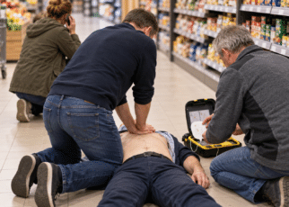 Symbolbild: Ersthelfer führen in einem Supermarkt eine Herzdruckmassage durch, daneben ein Defibrillator