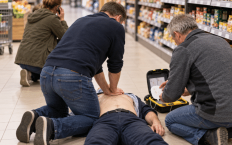 Symbolbild: Ersthelfer führen in einem Supermarkt eine Herzdruckmassage durch, daneben ein Defibrillator