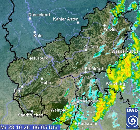Regenradar des Deutschen Wetterdienstes für Hessen und Umgebung am 28. Oktober 2026, 06:05 Uhr