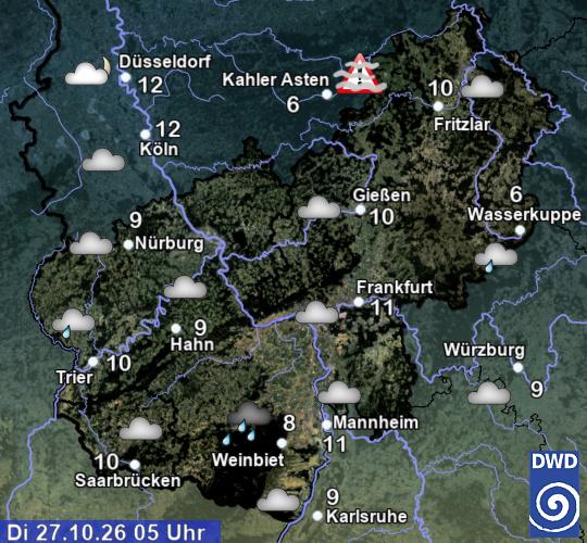 Wetterkarte des Deutschen Wetterdienstes für Hessen und Umgebung am 27. Oktober 2026, zwischen Frankfurt und Würzburg liegt der Bachgau