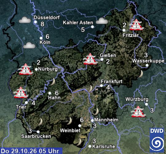 Wetterkarte des Deutschen Wetterdienstes für Hessen und Umgebung am 29. Oktober 2026, zwischen Frankfurt und Würzburg liegt der Bachgau